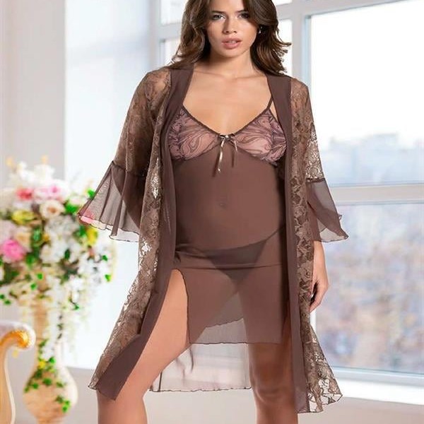 Arias Closet Haki Transparan Dantel İşlemeli Tül Yırtmaçlı 2'Li Gecelik Takımı