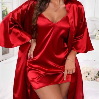 Arias Closet İnce Askılı Kırmızı Saten 2'Li Gecelik Sabahlık Takımı