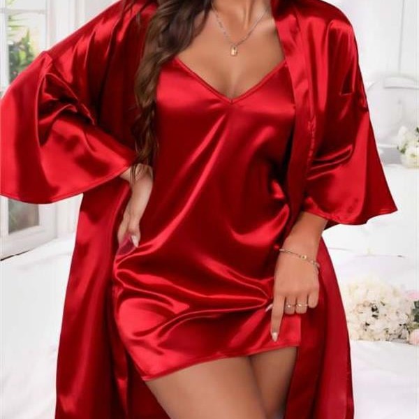 Arias Closet İnce Askılı Kırmızı Saten 2'Li Gecelik Sabahlık Takımı