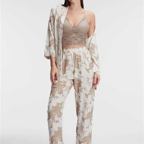Arias Closet İp Askılı V Yaka Çiçek Desenli Yazlık Dokuma Dantel Detaylı Sabahlık Pijama Takımı