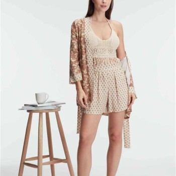 Arias Closet İp Askılı V Yaka Kadın Cotton Çiçek Desenli Yazlık Dokuma Sabahlık Mini Pijama Takımı