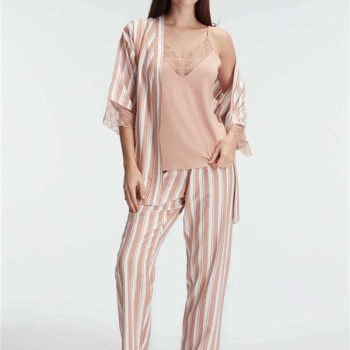 Arias Closet İp Askılı V Yaka Kadın Viskon Çizgili Desenli Yazlık Örme Pijama Sabahlık Takımı