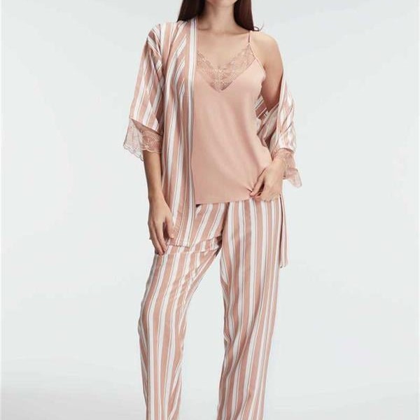Arias Closet İp Askılı V Yaka Kadın Viskon Çizgili Desenli Yazlık Örme Pijama Sabahlık Takımı