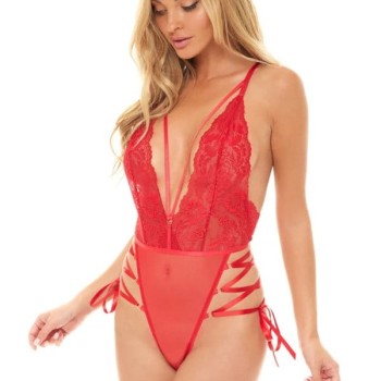 Arias Closet İp Detaylı Dantelli Kırmızı Transparan Fantezi Body