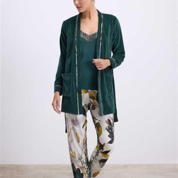 Arias Closet Kadife Sabahlık, Dantelli Atlet Ve Desenli Pantolon Pijama Takımı