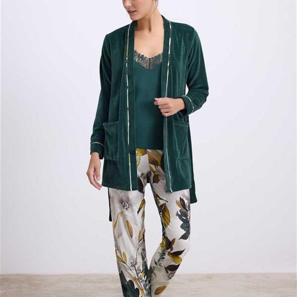 Arias Closet Kadife Sabahlık, Dantelli Atlet Ve Desenli Pantolon Pijama Takımı