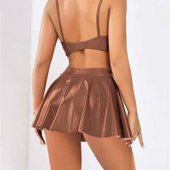 Arias Closet Kahverengi Etekli Fantezi Deri Şık Elbise