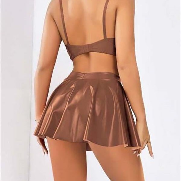 Arias Closet Kahverengi Etekli Fantezi Deri Şık Elbise