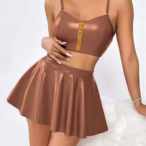 Arias Closet Kahverengi Etekli Fantezi Deri Şık Elbise