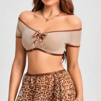 Arias Closet Kalın Askılı Sütyen Leopar Desen Etekli Fantezi Gecelik