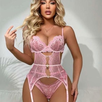 Arias Closet Kalp Aksesuarlı Dantelli Fantezi Pembe Jartiyer Takım