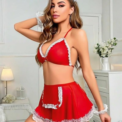 Arias Closet Kırmızı Beyaz Dantel İşlemeli Fantezi Hizmetçi Kostümü