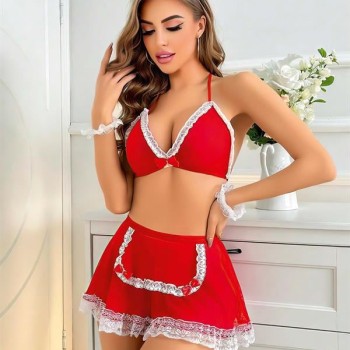 Arias Closet Kırmızı Beyaz Dantel İşlemeli Fantezi Hizmetçi Kostümü