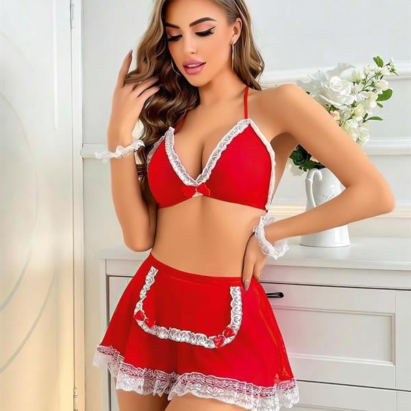 Arias Closet Kırmızı Beyaz Dantel İşlemeli Fantezi Hizmetçi Kostümü