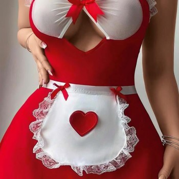Arias Closet Kırmızı Beyaz Dantel İşlemeli Kalp Detaylı Fantezi Fransız Hizmetçi Kostümü