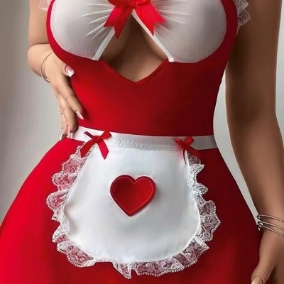 Arias Closet Kırmızı Beyaz Dantel İşlemeli Kalp Detaylı Fantezi Fransız Hizmetçi Kostümü