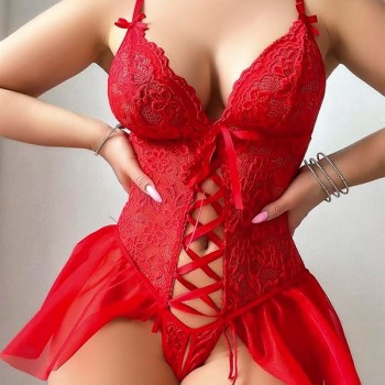 Arias Closet Kırmızı Dantel Detaylı Önü Dekolteli Fantezi Babydoll