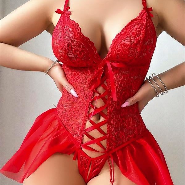 Arias Closet Kırmızı Dantel Detaylı Önü Dekolteli Fantezi Babydoll