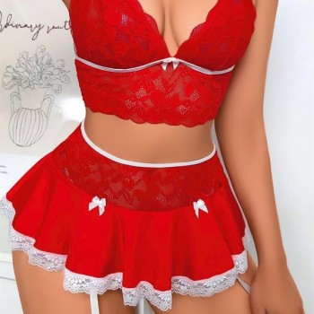Arias Closet Kırmızı Dantel İşlemeli Büstiyerli Etekli Fantezi Kostüm