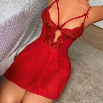 Arias Closet Kırmızı Dantel İşlemeli Göğüs İp Detaylı Fantezi Tül Gecelik Takımı