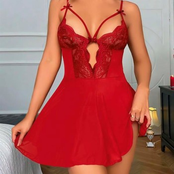 Arias Closet Kırmızı Dantel İşlemeli Göğüs İp Detaylı Fantezi Tül Gecelik Takımı