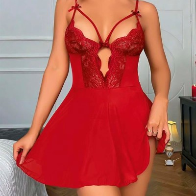 Arias Closet Kırmızı Dantel İşlemeli Göğüs İp Detaylı Fantezi Tül Gecelik Takımı