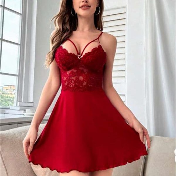Arias Closet Kırmızı Dantel İşlemeli İnce Askılı Göğüs Dekolteli Saten Mini Fantezi Gecelik