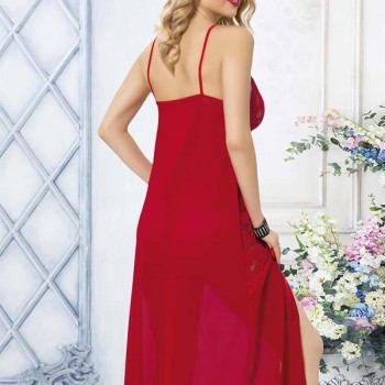 Arias Closet Kırmızı Dantel İşlemeli Yırtmaçlı Fantezi Uzun Gecelik