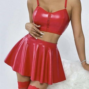 Arias Closet Kırmızı Etekli Fantezi Deri Şık Elbise