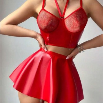 Arias Closet Kırmızı Etekli Pileli Jartiyer Görünümlü Fileli Fantezi Deri Elbise