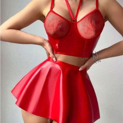 Arias Closet Kırmızı Etekli Pileli Jartiyer Görünümlü Fileli Fantezi Deri Elbise