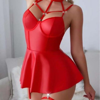 Arias Closet Kırmızı Fantezi Parlak Deri Şık Club Elbise