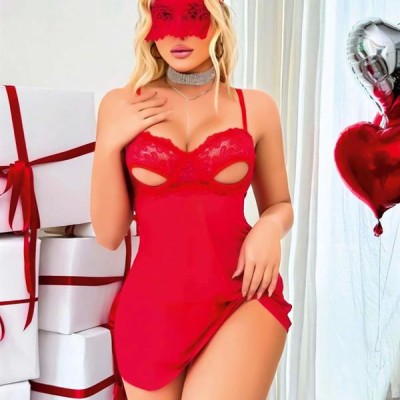 Arias Closet Kırmızı Göğüs Dekolteli Göz Bantlı Fantezi String Tül Gecelik Takımı