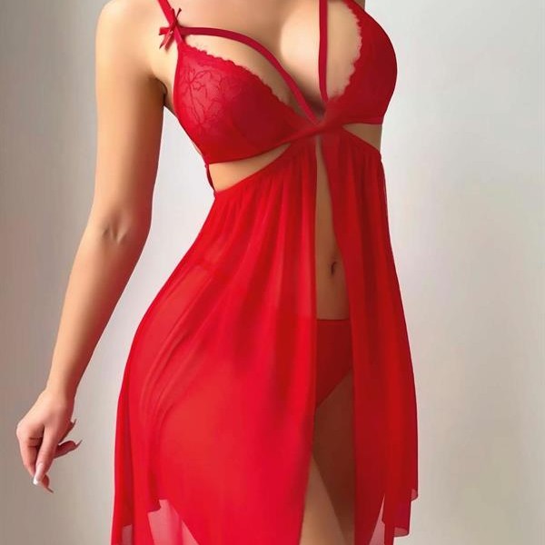 Arias Closet Kırmızı Göğüs İp Detaylı Dantel İşlemeli Tül Gecelik