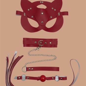 Aria's Closet Kırmızı Maske Tasma Kırbaç Deri Set