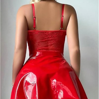 Arias Closet Kırmızı Parlak Deri Şık Bacak Bantlı Fantezi Club Elbise