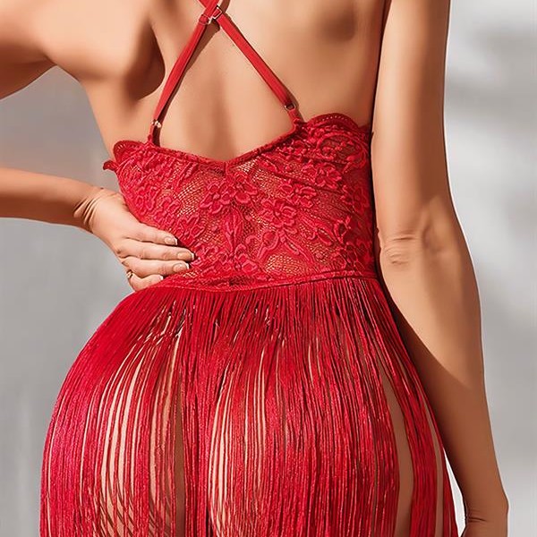 Arias Closet Kırmızı Püsküllü Dantel Detaylı Fantezi Gecelik