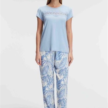 Arias Closet Kısa Kol Bisiklet Yaka Kadın Viskon Çiçek Desenli Yazlık Örme Dantel Detaylı Pijama Takımı
