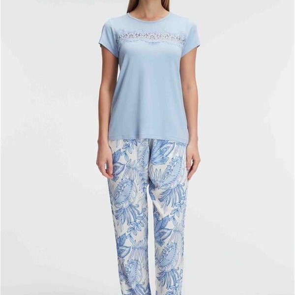Arias Closet Kısa Kol Bisiklet Yaka Kadın Viskon Çiçek Desenli Yazlık Örme Dantel Detaylı Pijama Takımı
