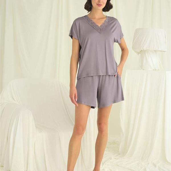 Arias Closet Kısa Kollu Dantelli V Yaka Şort Takımı