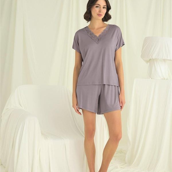 Arias Closet Kısa Kollu Dantelli V Yaka Şort Takımı