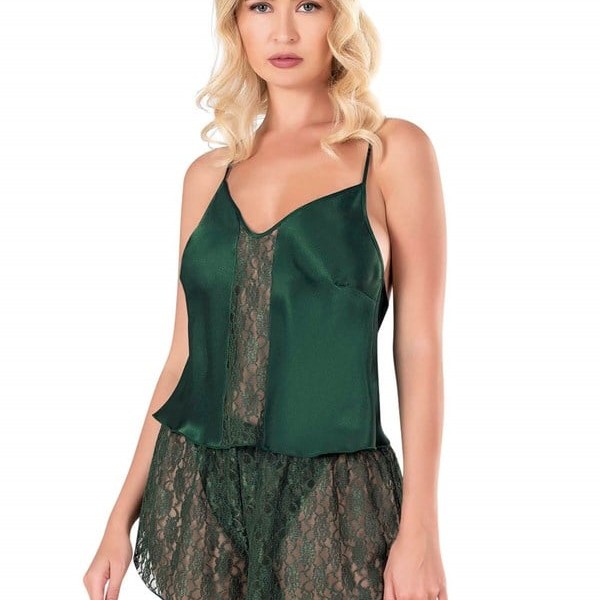 Arias Closet Koyu Yeşil Saten Babydoll Şort Takımı