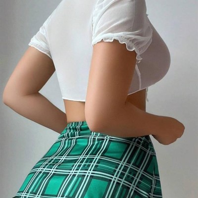 Arias Closet Kravatlı Yeşil Ekose Desen Etekli Fantezi Liseli Kostüm