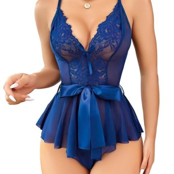 Arias Closet Mavi Dantel İşlemeli Kurdelalı Fantezi Tül Babydoll