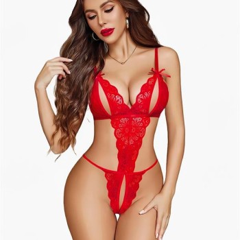 Arias Closet Özel Bölgesi Açık Göğüs Detaylı Kırmızı Fantezi Body