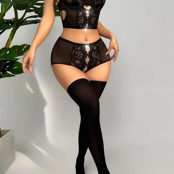 Arias Closet Özel Bölgesi Açık Siyah Dantelli Fantezi Büstiyer Takım