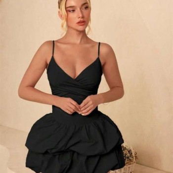 Arias Closet Özel Şık Tasarım Fırfır Detay İnce Askılı Siyah Mini Club Elbisesi