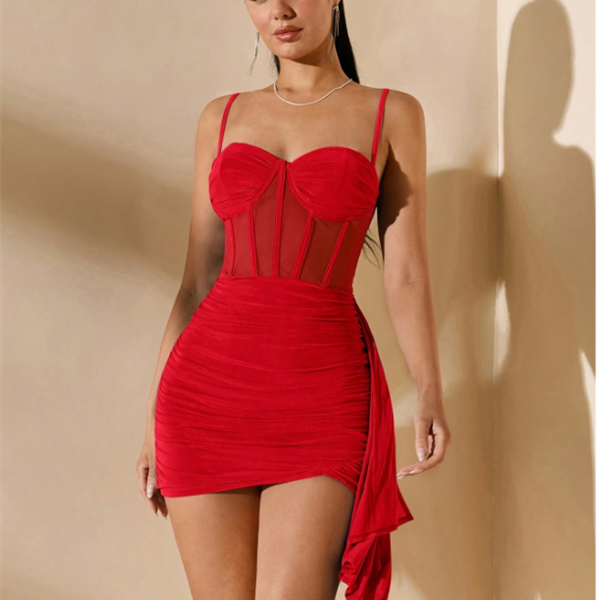 Arias Closet Özel Şık Tasarım Kırmızı Korse Görünümlü Mini Club Elbisesi