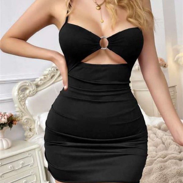 Arias Closet Özel Şık Tasarım Siyah Göğüs Dekolteli Mini Club Elbisesi