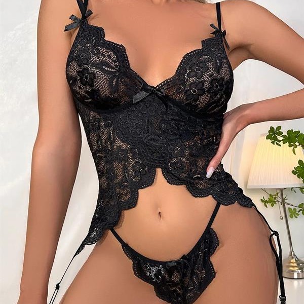 Arias Closet Özel Tasarım Arkadan Bağcıklı Fantezi Siyah Jartiyer Takım